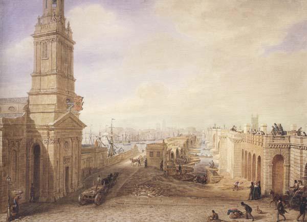 George Scharf Old and New London Bridges as they appeared in December 1831 (mk47) oil painting image